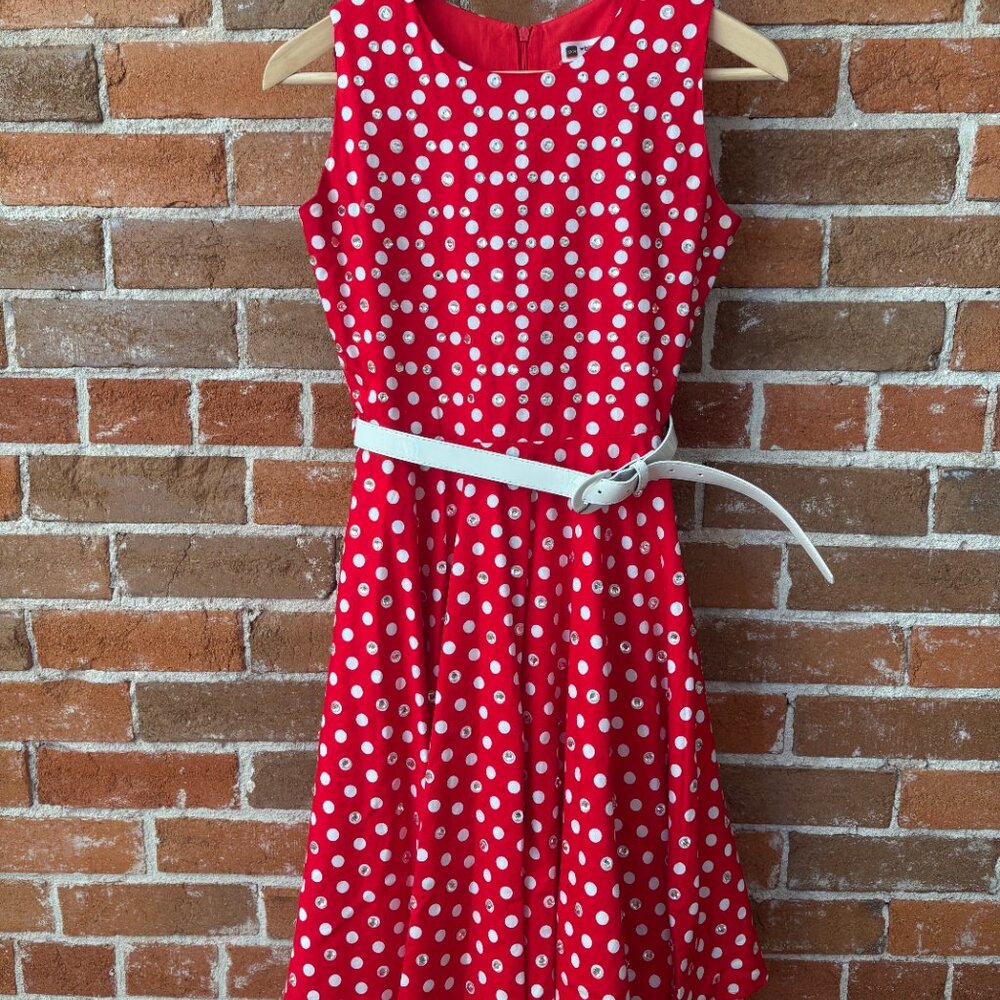 Retro Polka Dot 1950s Fit + Flare Polka Dot Dress + CUSTOM RHINESTONES Girls 14